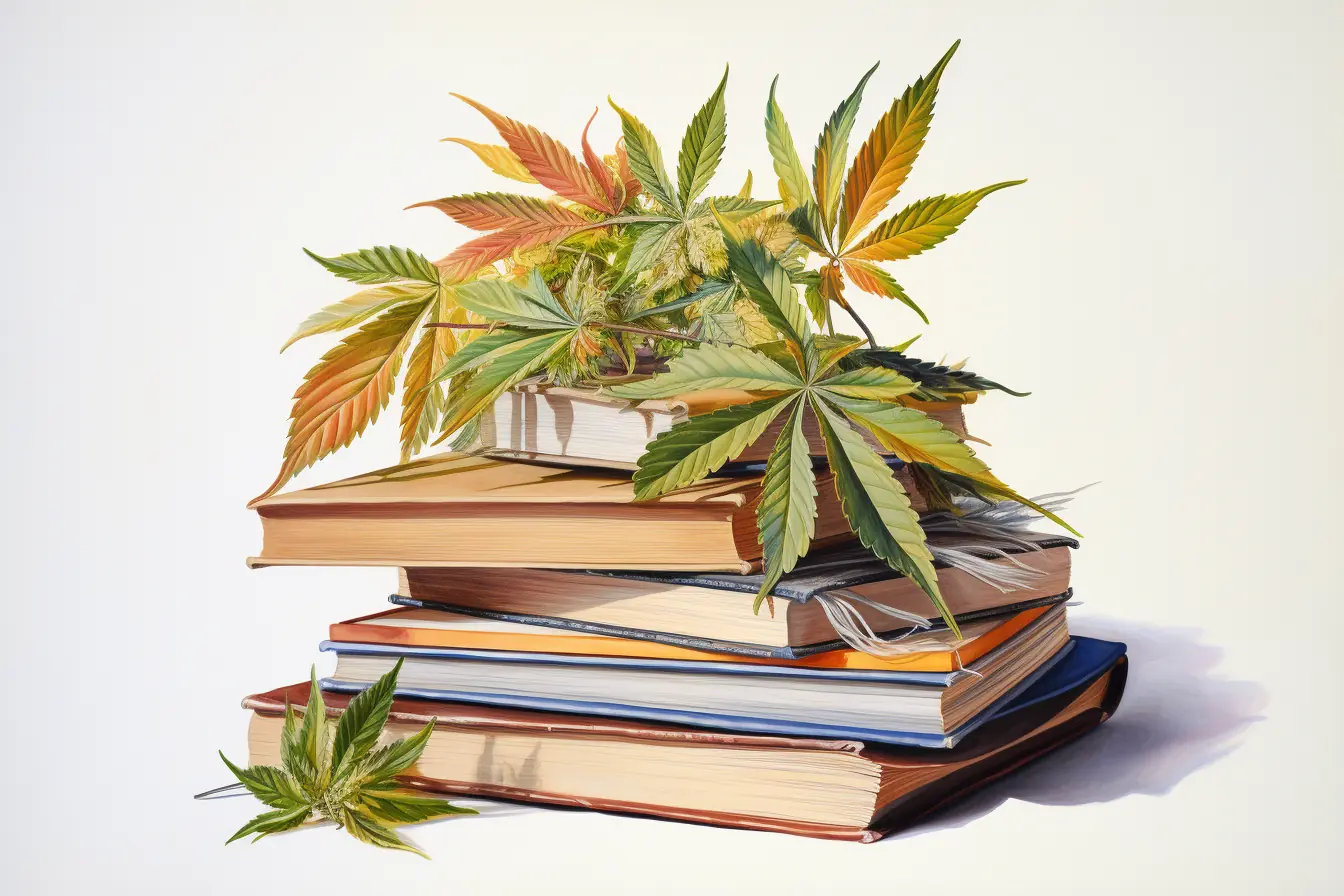 Ein Haufen Bücher aufeinander gestapelt mit ein paar Cannabisblättern verziert